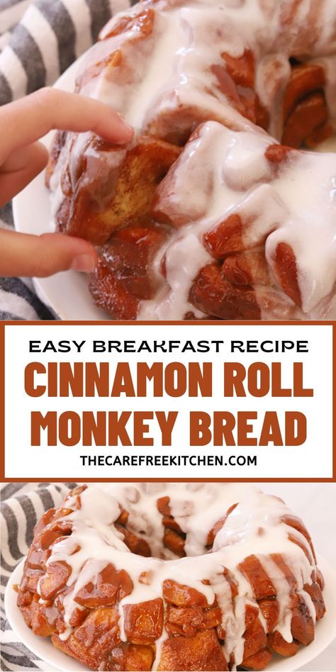 This Cinnamon Roll Monkey Bread is basically a giant, extra gooey pull-apart cinnamon roll with caramel sauce oozing into every delicious bite.  Best of all, thanks to store-bought cinnamon roll dough, it can be prepped in just about 10 minutes. Vegan Monkey Bread, Apple Cinnamon Monkey Bread, Cinnamon Roll Desserts, Cinnamon Monkey Bread, Cinnamon Roll Monkey Bread, Sweet Breakfast Treats, Canned Biscuits, Easy Cinnamon, Monkey Bread