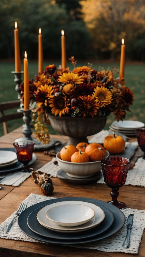 Create a welcoming ambiance this fall with our stunning collection of rustic and elegant fall table settings Whether you're planning an autumn wedding upscale dinner party or an intimate gathering our round table decor ideas featuring dollar tree decorations will elevate your autumn dining experience Transform your dining room into a beautiful casual space with these inspiring autumn-themed table setting concepts Romantic Table For 2, Sunflower Thanksgiving Table, Fall Brunch Tablescape, Round Table Decor Ideas, Fall Tablescapes Elegant, Dollar Tree Decorations, Rustic Table Settings, Elegant Autumn Wedding, Autumn Tablescapes