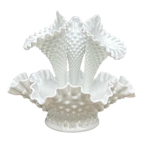 White is classic and timeless. Offering a gorgeous Fenton milk glass hobnail three horned epergne in excellent condition. The Hobnail texture combined with the three horn style attracts the eye of everyone who comes into the room. Make your day and your guests by filling it with flowers. It just makes the day happy! Your choice of flowers and colors can change the ambience from elegant, romantic, to casual.  Design for your own room or use for bridal shower, anniversary, or weddings.  Enjoy the Hobnail Glass Vase, Milk Glass Display, Hobnail Glassware, Milk Glass Centerpiece, Milk Glass Decor, Vintage Glassware Antiques, Own Room, Milk Glass Collection, Fenton Glassware