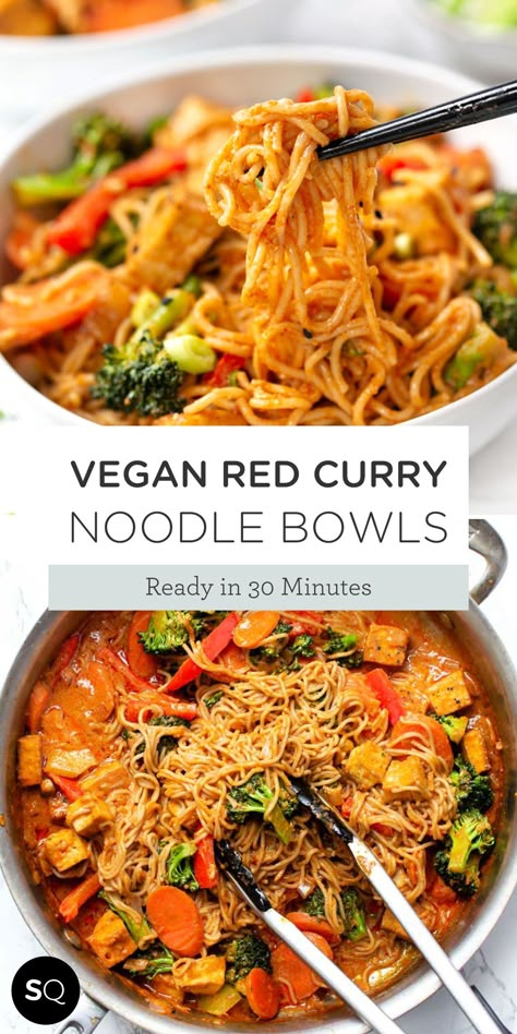 Today we're giving you an Asian-inspired dish that is bursting with flavor, is easy to make, and is hands down one of the most popular and delicious recipes on my site! These healthy vegan red curry noodle bowls are flavorful, saucy, and super easy to make! These curry noodle bowls are legit and you're going to absolutely LOVE them! Vegan Thai Red Curry Bowl | Asian Recipes | Simply Quinoa Vegetarian Red Curry, Red Curry Noodles, Meals Vegan, Easy Vegetarian Dinner, Curry Noodles, Easy Vegan Dinner, Homemade Noodles, Vegan Curry, Vegan Main Dishes