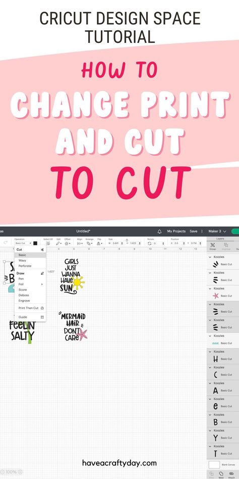 Get easy tips to change print and cut to cut only in Cricut Design Space. Learn the easy way and how to fix it if that doesn't work. Print To Cut Cricut, How To Slice In Cricut Design Space, Cricut Print Then Cut, Cricut Print And Cut, Engraving Printing, Cricut Explore Air 2, Cricut Craft, Cricut Cards, Cut Image