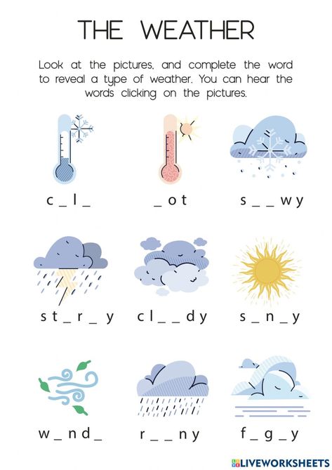 Weather Exercises English, 3rd Grade English Activities, Weather Worksheets For Kindergarten, Weather Worksheets For Kids, Weather Esl, Weather In English, Morning Weather, Weather For Kids, Weather Activities For Kids