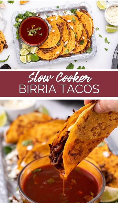 These Slow Cooker Birria Tacos are slow-cooked to perfection, and bathed in a rich and aromatic chili sauce, resulting in a melt-in-your-mouth tacos. via @familyfresh Birria Slow Cooker, Tacos In Crockpot, Slow Cooker Birria Tacos, Taco Birria, Crockpot Birria Tacos, Crockpot Birria, Slow Cooker Birria, Mexican Chorizo, Searing Meat