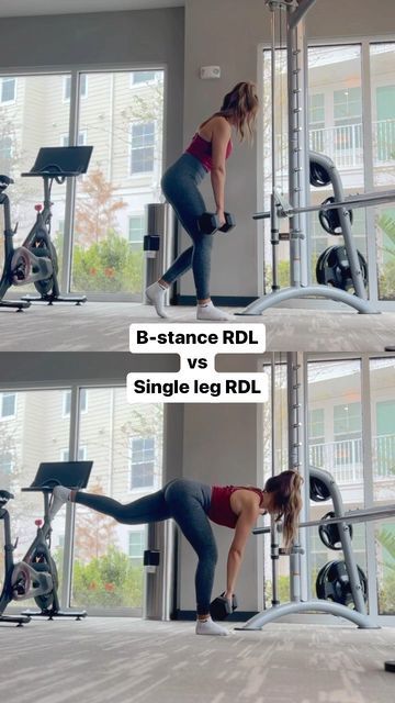 Julie | Online Fitness Coach on Instagram: "B-STANCE RDL VS. SINGLE-LEG RDL ⬇️ Remember to SAVE and SHARE 📌 Both of these exercises are isolation movements that target your posterior chain and challenge your stability! They do have some differences: SINGLE-LEG RDL: targets primarily your hamstrings and glutes. Great to help imbalances as it focused a lot on STABILITY especially with the help of your core. B-STANCE RDL: this isolation exercise also targets your hamstrings and glutes too! One Leg Rdl Form, How To Do B Stance Rdl, Rdl Exercise Single Leg, Single Rdl Exercise, Rdl Single Leg, Single Leg Rdl Exercise, B Stance Rdl Form, One Leg Rdl, Single Rdl