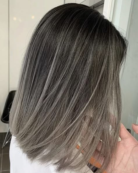 Black To Grey Ombre Hair Short, Ash Grey Balayage Brunettes, Grey Toned Hair, Ash Babylights, Grey Ombre Hair Short, Micro Highlights, Balayage Hair Grey, Grey Blending, Balayage Hair Ash