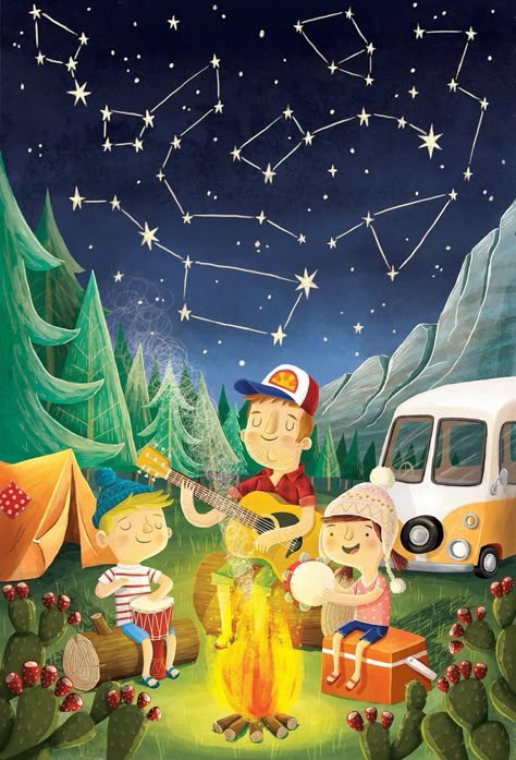 Camping Illustration, Camping Drawing, Camping Under The Stars, Photography Outfits, Illustration Art Kids, Star Illustration, Camping Decor, Children Books, Camping Theme