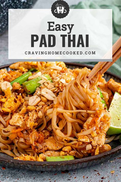 Skip the takeout and make this easy Pad Thai at home! Packed with tender chicken, rice noodles, and a tangy, sweet sauce—ready in 30 minutes! #PadThai #EasyDinner #HomemadePadThai #QuickMeals #ThaiFood Pad Tie Noodles, Rice Noodle Chicken Recipes, Pad Thai Chicken Recipe, Ground Chicken Pad Thai, Crockpot Chicken Pad Thai, Rice Noodle Dishes Easy, Chicken Pad Thai Recipe Easy, Slow Cooker Pad Thai, Easy Chicken Pad Thai