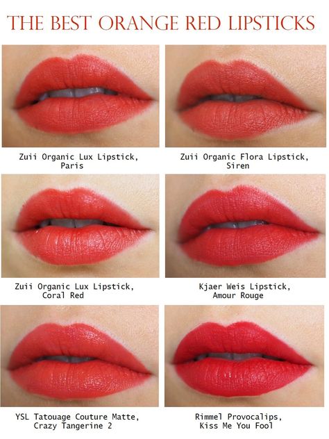 The best orange red lipsticks - check out my recommendations and reviews. #redlipstick #orangeredlipstick #beautyblog #beauty #makeup #lip #lipstick #swatches Red Lipstick For Warm Skin Tones, Warm Red Lipstick, Dark Orange Lipstick, True Red Lipstick, Red Orange Lipstick, Warm Makeup, Neutral Lip Color, Kiss Proof Lipstick, Long Lasting Matte Lipstick