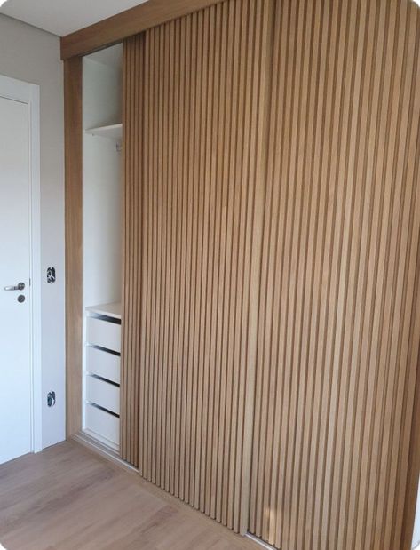 Oversized Closet Doors, Waredrop Design Bedroom, Wood Slat Closet Door, Japandi Wardrobe Design, Japandi Closet, Japandi Wardrobe, Luxury Closets, Closets Design, Wardrobe Door Designs