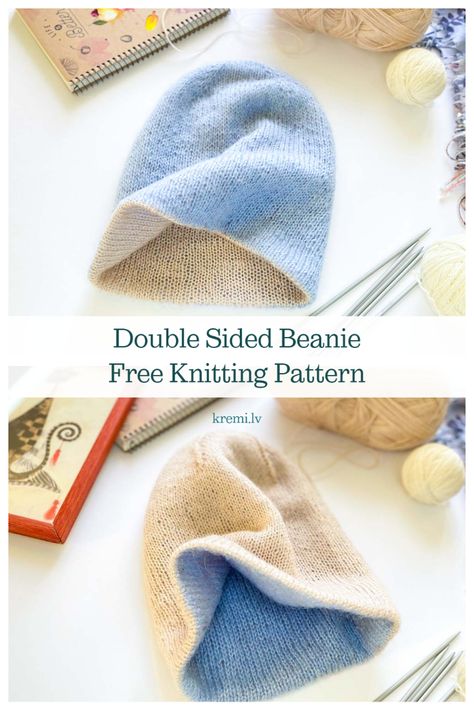 Double Knit Beanie Pattern, Knitted Hat Tutorial, Free Pattern Knit Hat, Double Thick Knit Hat Pattern, Easy Beanie Knitting Patterns Free Straight Needles, Fun Knit Hat Patterns, Tube Hat Knitting Pattern, Two Color Hat Knitting Pattern, Double Layer Knit Hat Pattern