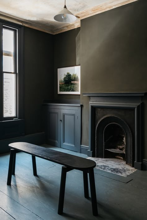 Dark Olive Walls, Atelier Ellis, Modern Victorian Interior Design, Modern Victorian Interiors, Moody Living Room, Victorian Interior Design, Natural Paint, Georgian Interiors, Dark Paint Colors