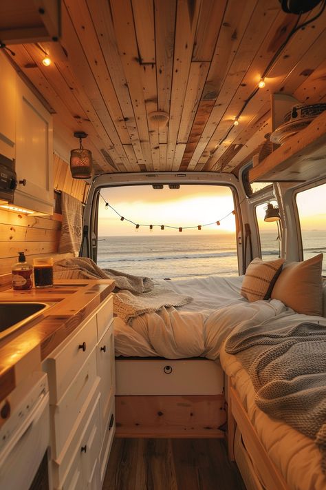 48 Coastal Camper Van Designs and Ideas - TastyInteriors Travel Van Aesthetic Interior, Cool Van Interior, Interior Van Ideas, Bus House Aesthetic, Camping House Ideas, Cute Van Interior, Camping Van Interior, Caravan Ideas Interior, House Van Ideas