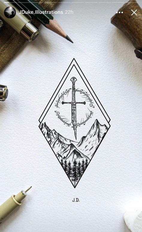 Narsil And Evenstar Tattoo, Lotr Sibling Tattoo, Lord Of The Rings Tattoo Stencil, Tolkien Tattoo Ideas, Middle Earth Map Tattoo, Lord Of The Rings Sleeve Tattoo, Lord Of The Rings Tattoo Design, Lotr Art Sketches, Eye Of Sauron Tattoo