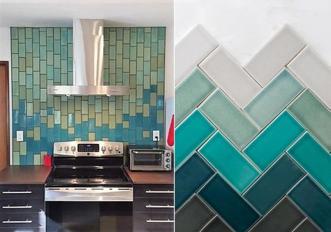 Unique Subway Tile Backsplash, Teal Kitchen Backsplash Ideas, Subway Tile Ideas, Kitchen Splash Backsplash Ideas, Kitchen Wall Tiles Ideas Color Schemes, Creative Backsplash Ideas Kitchen, Unique Subway Tile Patterns, Glossy Subway Tile Backsplash, Colored Subway Tile Backsplash