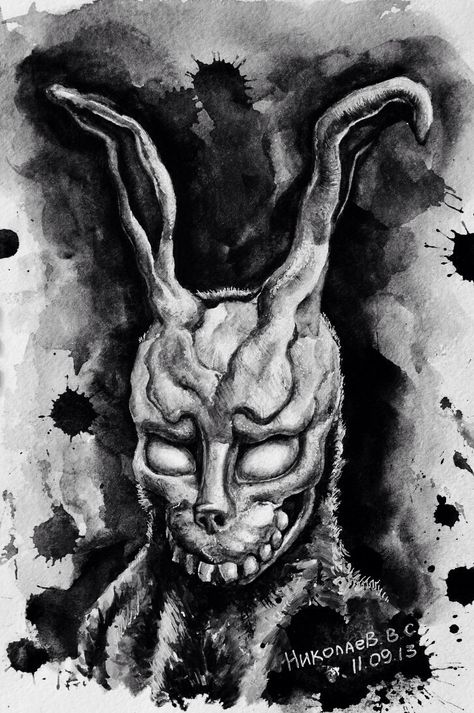 Frank Donnie Darko, Donny Darko, Holiday Crafts Halloween, Drawings Inspo, Evil Tattoos, Hand Tats, Scary Tattoos, Skulls Drawing, Black And White Art Drawing