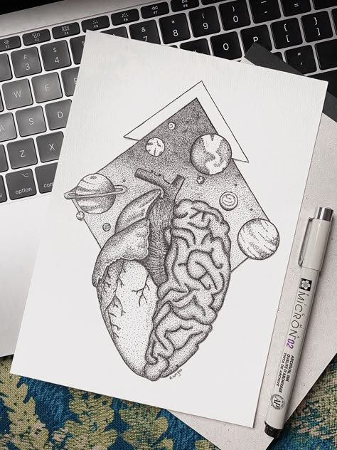 Health Sketch Art, Evil Heart Drawing, Aesthetic Brain Drawing, Brain Heart Drawing, Heart And Brain Drawing, Brain Drawing Aesthetic, Med Drawing, Brain Art Drawing, Art Heart Drawing