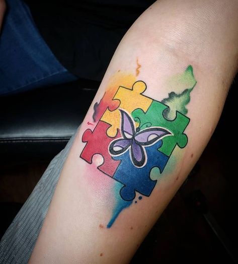 Megan Medina 🎨 on Instagram: "Matching tattoos in honor of a beautiful soul ❤ thanks again, Taylor and Alicia!! . #artbymegs #whiteharttattooco #customwork #htown #autismtattoo #familytattoo #freehand #abstractart #couplestattoo #puzzlepiece" Puzzle Tattoo, Puzzle Piece Tattoo, Puzzle Tattoos, Awareness Tattoo, A Beautiful Soul, Tattoo For Son, H Town, Family Tattoos, Puzzle Piece