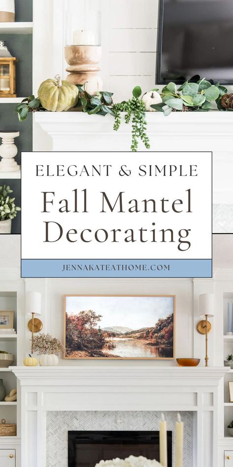 Discover fall mantel decorating ideas that are minimalist and simple, featuring blue accents and pumpkins. Create cozy fall mantel decor with TV that blends seamlessly into your autumn decor. These fall fireplace decor ideas offer timeless style with elegant accents. Mantel Decor With Tv, Simple Mantel Decor, Decor Under Tv, Fireplace Fall Decor, Kitchen Fall Decorating Ideas, Fall Mantel Decorating Ideas, Fall Fireplace Mantel, Bedroom Fall Decor, Fireplace Decor Ideas