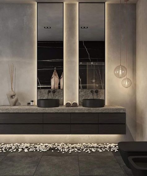 Stunning Bathroom Designs by @georgios_tataridis [IG] Dark Modern Bathroom, Dark Bathrooms, Washbasin Design, Bathroom Inspiration Modern, Modern Sink, Aesthetic Bathroom, Bathroom Redesign, Luxury Shower, Toilet Design