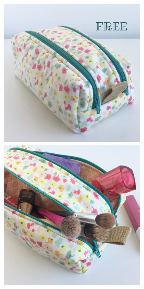 DIY Fabric Double Zipper Cosmetic Bag Free Sewing Pattern Bag Free Sewing Pattern, Makeup Bag Pattern, Fabric Art Diy, Cosmetic Bag Pattern, Purse Diy, Diy Makeup Bag, Diy Clutch, Fabric Sewing Patterns, Bag Pattern Free