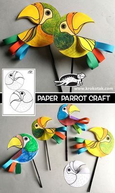 PAPER PARROT CRAFT Zoo Crafts Kindergarten, Crafts Using Construction Paper, Parrot Craft Preschool, Parrot Crafts For Kids, Paper Parrot Craft, Paper Parrot, Parrot Craft, Children Activities, Bird Crafts