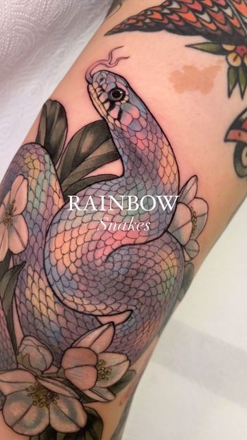 Anke 🍋 on Instagram: "Loving the rainbow snake phase so much so keep them coming 🥹✨ #rainbow#snaketattoo#tattooing#neotrad#neotraditional#tattoosnob#neotradsub#ladytattooers#germantattooers#naturelovers#instagood#hellohashtagreader" Striking Snake Tattoo, Iridescent Snake Tattoo, Neo Trad Snake Tattoo, Cute Neotraditional Tattoo, Rainbow Snake Tattoo, Hognose Tattoo, Pink Snake Tattoo, Colored Snake Tattoo, Color Snake Tattoo