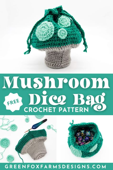 Mushroom dice Bag PIN 3 Mushroom Dice Bag Crochet Pattern, Dice Bag Knitting Pattern, Crochet Hobbit Patterns, Easy Crochet Mushroom Pattern Free, Free Crochet Patterns Mushroom, Dnd Knitting Pattern, Crochet Practice Projects, Dice Bag Crochet Pattern Free, Crocheting A Bag