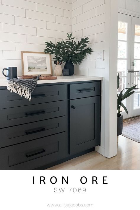 Iron Ore Vs Tricorn Black, Allisa Jacobs, Best Neutral Paint Colors, Black Paint Color, Painted Cabinets, Dream Property, Black Kitchen Cabinets, Kitchen Remodel Before And After, Iron Ore