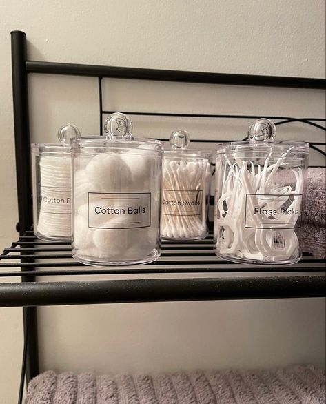 Bathroom Jars Storage, Bath Bomb Storage Ideas Bathroom, Sanitary Pads Storage Bathroom, Vanity Makeup Storage, Black Bathroom Storage, Girls Dressing Room, Cotton Ball Holder, Makeup Storage Organizer, Bathroom Jars