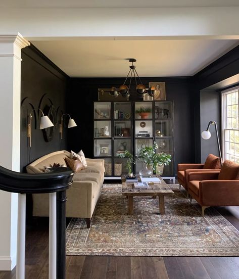 Living Room Decor For Dark Rooms, Black In Living Room, Dark Accent Living Room, Dark Parlor Room Ideas, Dark Country Living Room, Furnish Small Living Room, Moody But Light Living Room, Living Room Design Dark Floors, Black Paint Living Room Walls