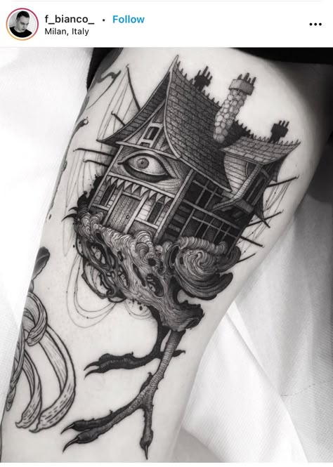 Baba Yaga Tattoo, Writer Tattoo, Baba Yaga House, House Tattoo, Black And Grey Tattoo, Leg Tattoo Men, Instagram Tattoo, Baba Yaga, Home Tattoo