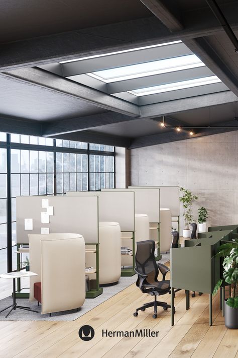 Hybrid Office Layout, Modern Business Office Design, Hybrid Working Office, Open Concept Office Design Work Spaces, Hybrid Office Design, Business Office Interior Design Work Spaces, Desk Plants Office, Small Open Office Design, Innovative Office Design Workspaces