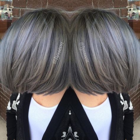 TRANSFORMATION: Going Pewter! | Modern Salon Hair Color Underneath Gray, Metallic Gray Hair Color, One Gray Streak Hair, Lavendar Gray Highlights, Metallic Hair Color Grey Silver, Grey Hair Colour, Honey Ideas, Balayage Brown, Grey Hair Don't Care