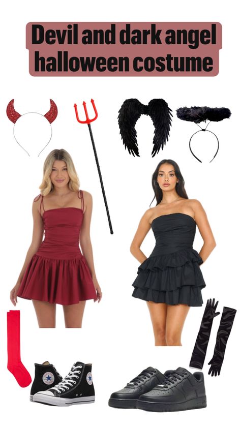 Devil and dark angel duo costume Angel Duo Costume, Dark Angel Halloween Costume, Angel And Devil Costume, Dark Angel Costume, Angel Halloween Costumes, Duo Costumes, Halloween Coustumes, Devil Halloween, Halloween Costumes For 3