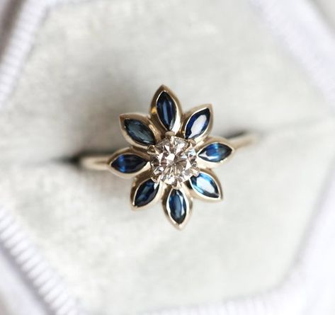 Blue Sapphire And Diamond Ring Sapphire Diamond Flower Ring | Etsy Sapphire Flower Ring, Marquise Sapphire, Flower Wedding Ring, Gia Certificate, Blue Engagement Ring, Floral Engagement Ring, Flower Engagement Ring, Daisy Ring, Solid Gold Band