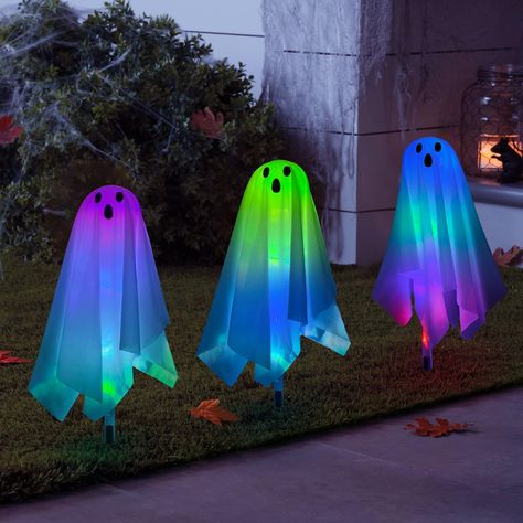 BAYN Halloween Ghost Pathway Stake Lights, 3 Packs White Cloth Ghost Decor with 15 Color Changing LEDs Pathway Markers Best for Outdoor, Porch, Yard, Halloween Holiday Decoration Cloth Ghost, Halloween Hanging Ghost, Outdoor Nativity Scene, Ghost Decor, Outdoor Nativity, Fall Table Centerpieces, Hanging Ghosts, Ghost Lights, Ghost Light