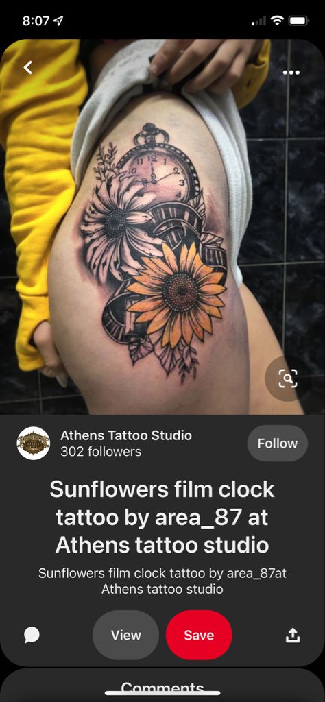 Sunflower And Clock Tattoo, Time Piece Tattoo, Rosary Bead Tattoo, Sunflower Clock, Pieces Tattoo, Clock Tattoo, Time Clock, Sunflower Tattoo, Thigh Tattoo