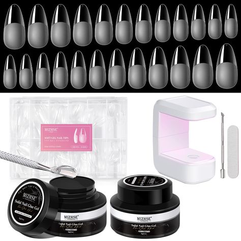 PRICES MAY VARY. MIZHSE Gel x Nail Kit: All-IN-1 Nail Tips And Solid Nail Glue Gel Kit, includes 1*new upgraded 10W portable nail lamp, faster and high quality, come with 12 sizes half matte soft almond nail tips, 1*top and base coat gel nail polish,1*nail file,and 2*18 ml solid nail glue gel,perfectly for nail salon and nail beginners, you can easily extend your nails and enjoy nail art diy fun 240PCS Soft Almond Gel Nail Tips: Soft Short Almond Shape Nail Tips with semi-matte texture for bette Gel X Nail Kit, Nail Accessories Products, Gel Glue On Nails, Gel X Set, Nail Beginners, Gel Nail Products, Solid Nail Glue, Almond Nail Tips, Short Almond Shaped Nails