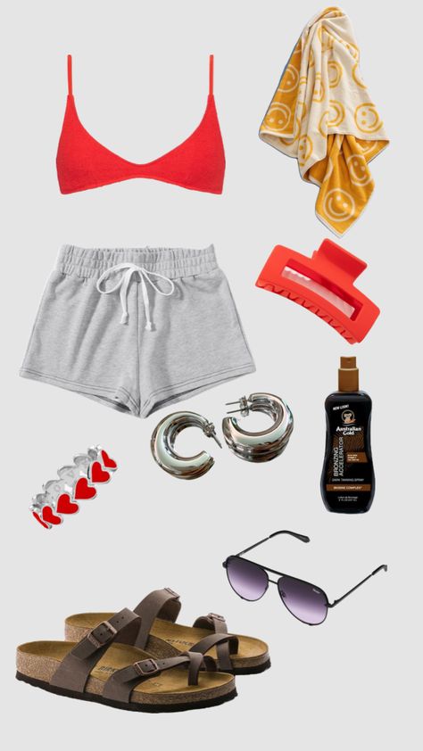 Pool Outfits Summer, Beachy Shorts For Summer Swimming, Pool Day Aesthetic Outfit, Lake Summer Outfit, Cheap Beachy Swimwear For Summer Activities, Pool Outfit Ideas Casual, Pool Day Outfit Casual, Beach Outfit Collage, Pool Outfit Ideas