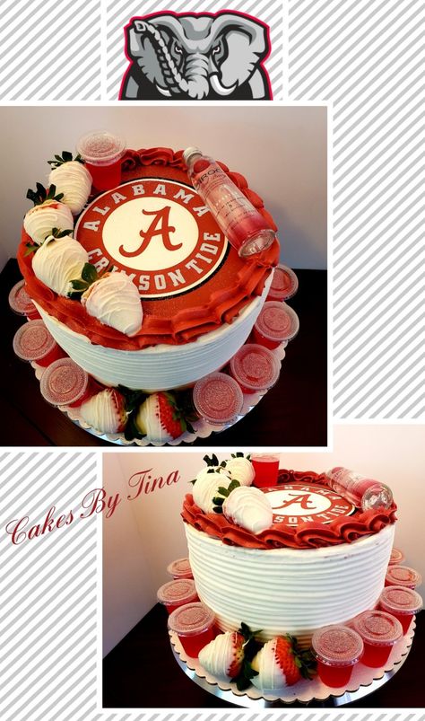 Alabama theme birthday cake....jello shots...covered berries! Alabama Football Cake, Alabama Football Birthday Cake, Alabama Bed Party, Alabama Wedding Cake, Alabama Birthday Cakes, Jello Shots, Custom Cakes, Diaper Cake, Wedding Cakes