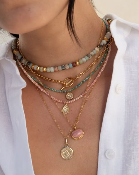 Our Beaded Pink Opal Drop Pendant Necklace is ethically crafted using traditional Bali jewelry techniques. Dotting work brings texture in 18k gold plated metal. Anna Beck, Bali Jewelry, Trending Necklaces, Stacked Necklaces, Toggle Necklace, Drop Pendant Necklace, Chic Earrings, Jewelry Techniques, Pretty Necklaces