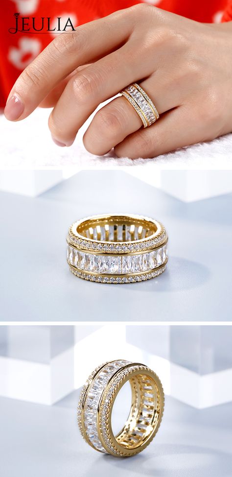 Yellow-Gold Wedding Band That Was Created For A Special Bride ❤️ 15 Review(s) This classic band seams simple at first sight. But the radiant cut stones in the middle show its luxury. They makes the band sparkle in any angle. The classic shank fits to every lady anyway. Never miss it! ❤️ Stacking Rings / Gift for Her / Wife Gift / Anniversary Gift / Stacking Ring Set / Love Gift #JeuliaJewelry #JeuliaJewelry Sterling Silver Wedding Bands, Stacked Wedding Bands, Rings Luxury, Puja Room, Sterling Silver Wedding Band, Yellow Gold Wedding Band, Silver Wedding Bands, Silver Wedding Rings, Wife Gift