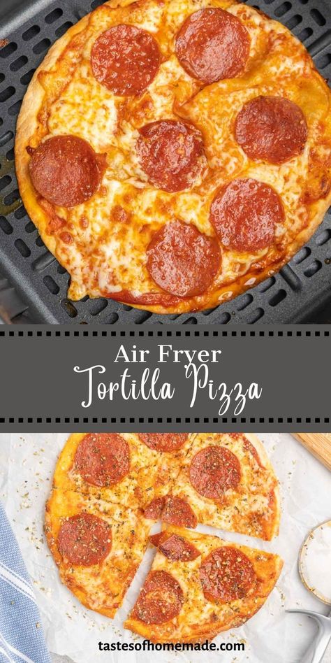 This quick and easy air fryer pizza is made on a tortilla and comes together in five minutes in the air fryer. Using flour tortillas, pizza sauce, and your choice of toppings, it is the perfect way to satisfy your pizza craving when you are short on time. Great for a quick lunch, dinner or snack. An easy recipe and the kids will love it. Flour Tortilla Pizza, Air Fryer Tortilla Pizza, Pizza Air Fryer, Pizza In Air Fryer, Pizza Pairings, Air Fryer Tortilla, Low Calorie Tortilla, Air Fryer Pizza, Pizza Easy