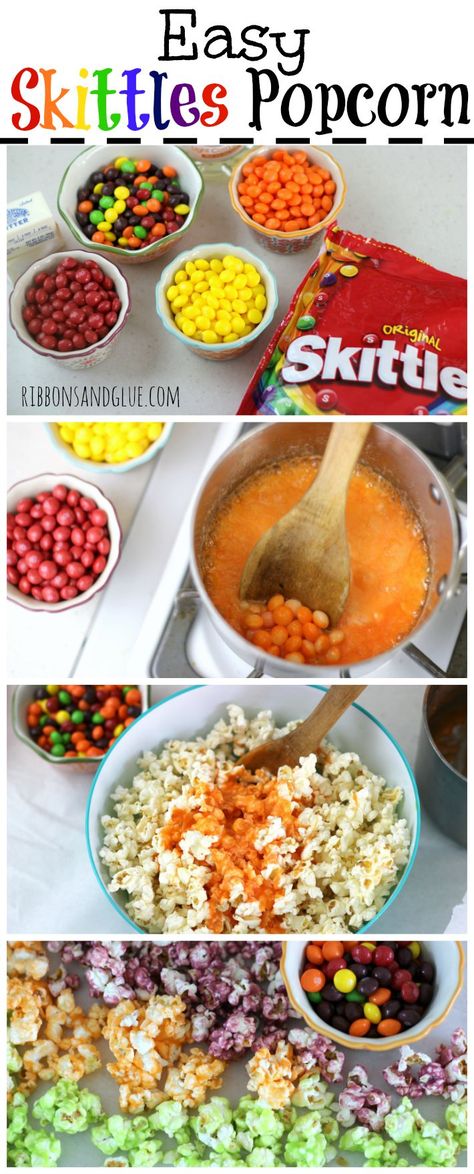 How To Color Popcorn, Skittles Dessert Recipes, Skittle Popcorn, Easy Office Treats, Skittles Dessert, Types Of Popcorn, Colorful Popcorn, Skittles Candy, Popcorn Treats