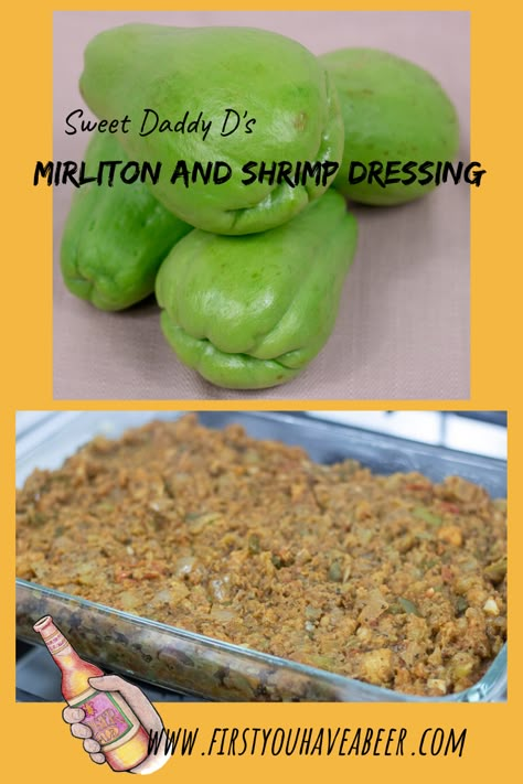 If South Louisiana was a vegetable, it would be a mirliton, also called chayote. Mirliton and Shrimp Dressing is a holiday staple in South Louisiana, combining the mild flavors of Mirliton, with Gulf Shrimp and Creole seasonings. The outcome is a delicious, homey Dressing, special enough for the holiday table but simple enough to enjoy anytime.     via @firstyouhaveabeer Shrimp And Mirliton Dressing, Shrimp And Mirliton Casserole, Seafood Stuffed Mirliton, Militon Recipes, Stuffed Mirliton Recipes, Mirliton Recipes New Orleans, Mirliton Recipes, Mirliton Casserole, Mirliton Dressing