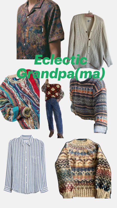 Patterned sweaters with collared shirts underneath, mismatch pattern vests, baggy pants with boots Baggy Pants With Boots, Sweaters With Collared Shirts, Pants With Boots, Patterned Sweaters, Grandpa Fashion, Style Dark Academia, Collared Shirts, Vest Pattern, 2024 Trends