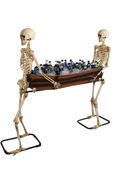 At your next Halloween party, serve up plenty of drinks from this imposing beverage tub that consists of two tall skeletons carrying a large watertight coffin. Posable Skeleton, Coffin Halloween, Plastic Skeleton, Unique Gadgets, Halloween Express, Halloween Displays, Monster Mash, Theme Halloween, Trick Or Treater