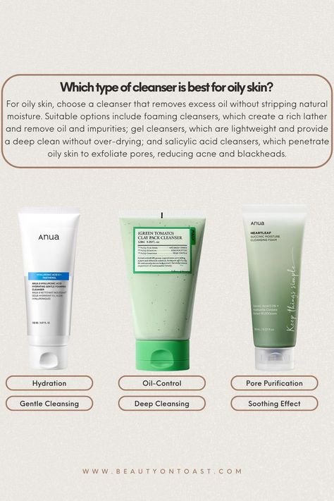 An infographic Korean skincare featuring the best cleansers for oily skin from Beauty on Toast - A K-Beauty self-care space or a korean skincare website to discover your all-time favorites, top-rated & viral Korean skincare products Water Based Cleanser, Cleansers For Oily Skin, Best Cleansers, Salicylic Acid Cleanser, Cleanser For Oily Skin, Beauty Water, Oil Based Cleanser, Cleansing Routine, Double Cleansing