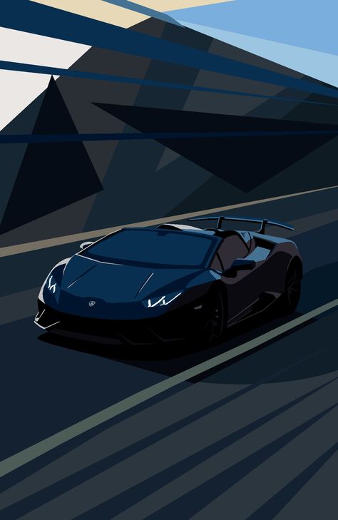 Portrait - An abstract geometrical background and foreground with stripes for speed. A black Lamborghini car drives along a straight, road reflecting the blue sky in its angular bodywork. Car Graphic Design Illustration, Lamborghini Illustration, Lamborghini Art, Lamborghini Poster, Retro Car Poster, Automotive Poster, Car Care Kit, Cool Truck Accessories, Car Nursery