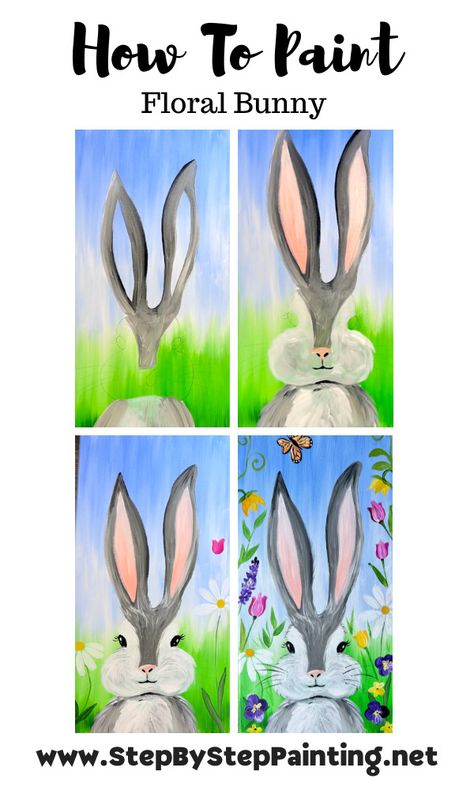 Floral Easter Bunny - Acrylic Painting Tutorial Easter Kid Painting, Diy Bunny Painting, Kids Bunny Painting, Cute Easter Paintings Easy, Easy Easter Acrylic Painting Ideas, Step By Step Easter Painting, How To Paint Rabbit, How To Paint Bunny, Easter Painting Tutorial